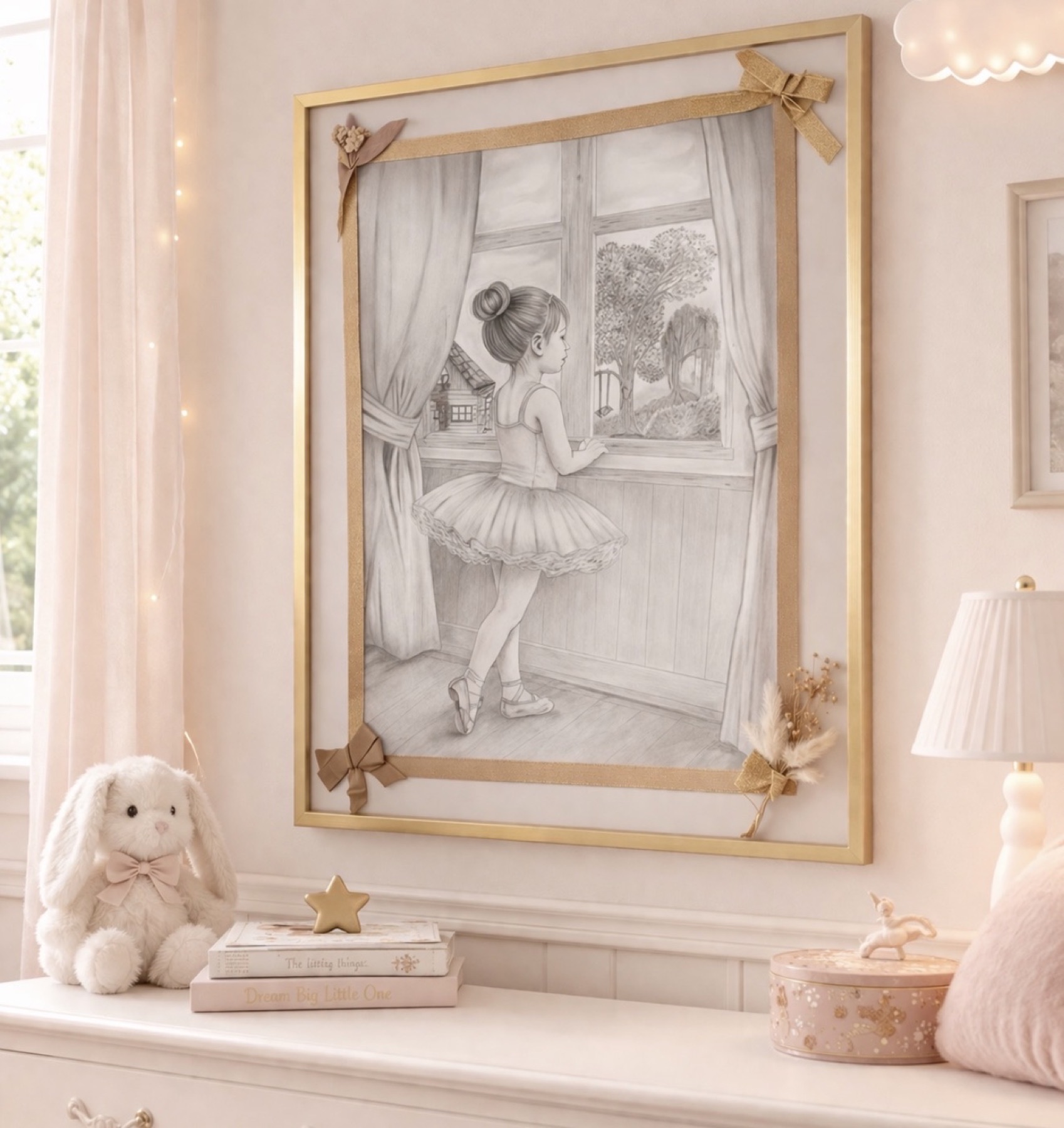 Bleistiftzeichnung einer kleinen Ballerina am Fenster